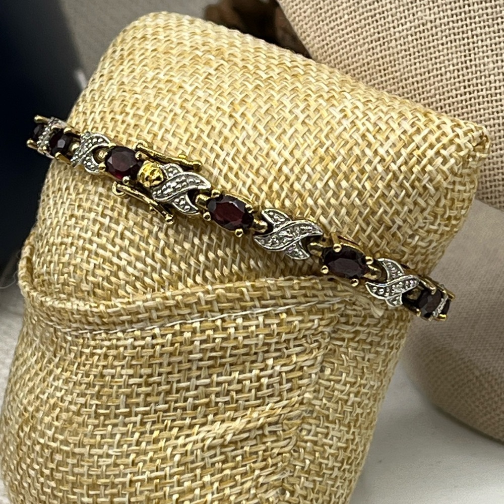 Vintage Sterling Silver 925 Garnet Bracelet 7.5” Estate 15.9g Two-Tone Design - Picture 4 of 17